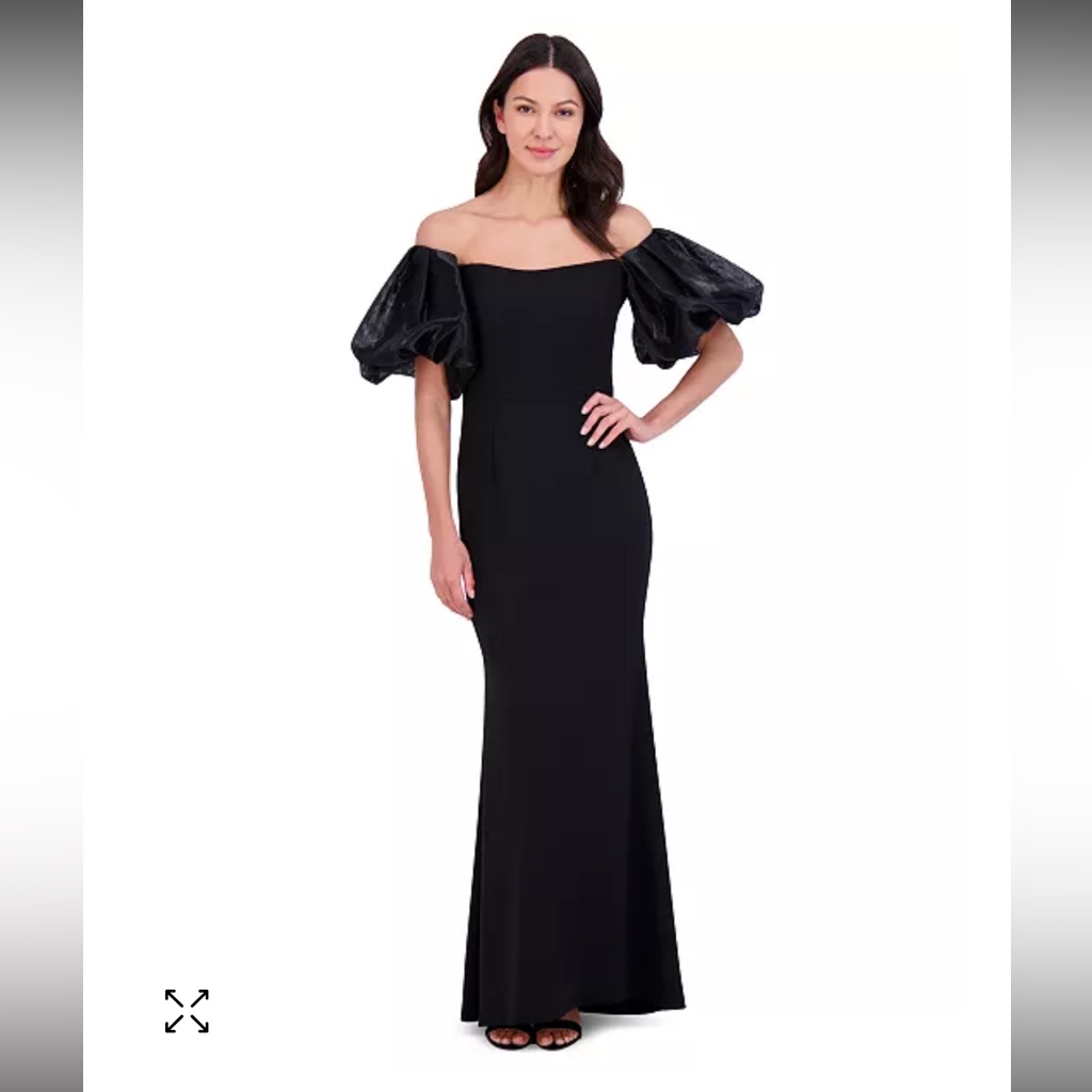 Nwt Eliza J Off Shoulder Puff Sleeve Trumpet Gown Black Women’s 0 Retail $188